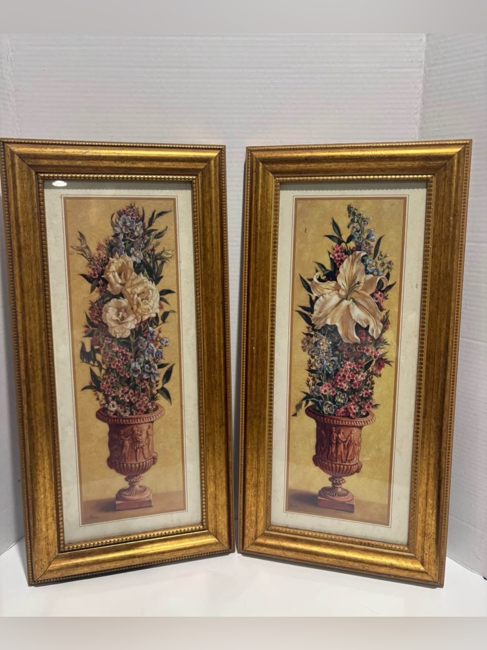 Gold Framed Botanical Wall Art Pair - Floral Urn Prints
